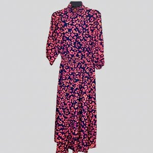 Nanette Lepore Midi Dress Navy Pink Leopard Print Size 4 Boho Fall Wedding Guest